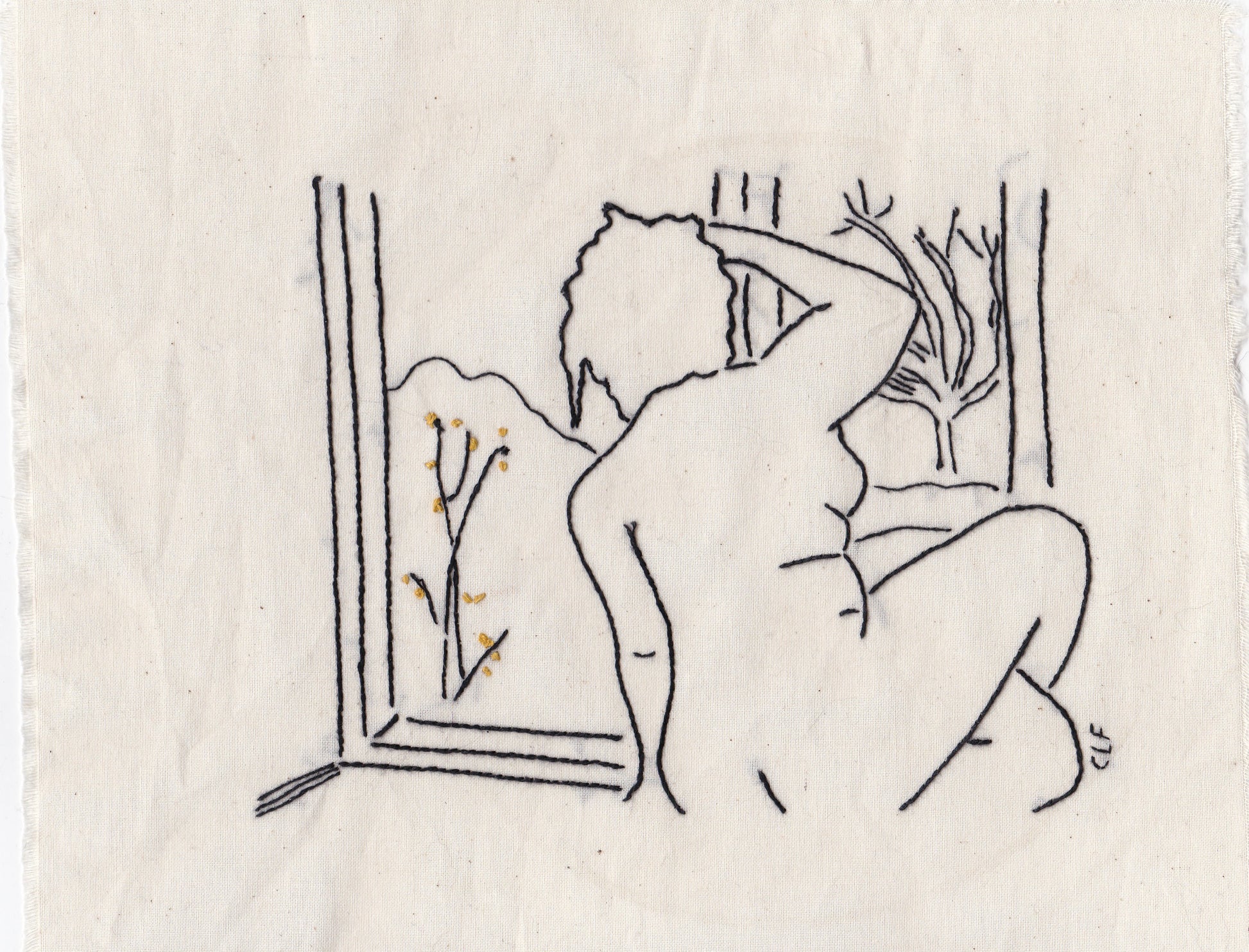 Handstitched sketch of a nude woman, seated looking out of the window.  In this image the picture is unframed.